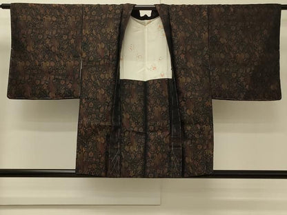 平和屋着物＃羽織　お召地　飛鶴草花文　黒地　正絹　逸品　未使用　CABN6928in