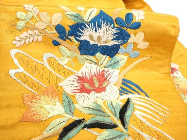 平和屋着物●アンティーク　大正ロマン　九寸名古屋帯　総手刺繍　枝花文　金糸　正絹　逸品　CABN8002hy