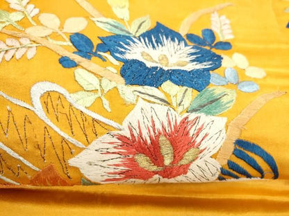 平和屋着物●アンティーク　大正ロマン　九寸名古屋帯　総手刺繍　枝花文　金糸　正絹　逸品　CABN8002hy