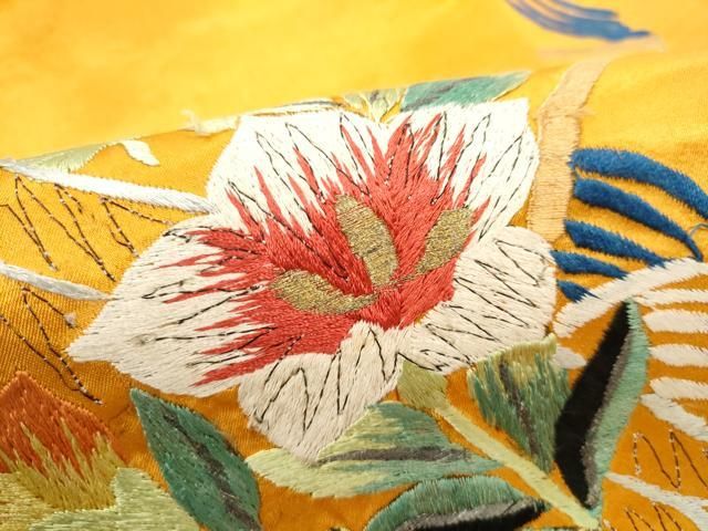 平和屋着物●アンティーク　大正ロマン　九寸名古屋帯　総手刺繍　枝花文　金糸　正絹　逸品　CABN8002hy
