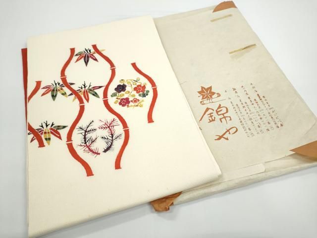 平和屋着物●日本橋人形町　創業70年　錦や　九寸開き名古屋帯　型染め　松竹梅　鬼しぼ縮緬　たとう紙付き　正絹　逸品　CABN8011hy