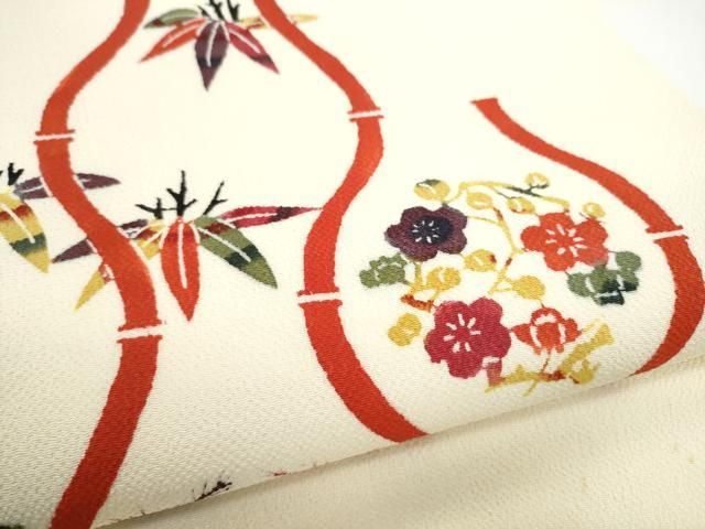 平和屋着物●日本橋人形町　創業70年　錦や　九寸開き名古屋帯　型染め　松竹梅　鬼しぼ縮緬　たとう紙付き　正絹　逸品　CABN8011hy