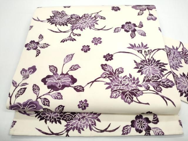 平和屋着物●塩瀬　全通柄　九寸名古屋帯　型染め　草花文　正絹　逸品　CABN8013hy