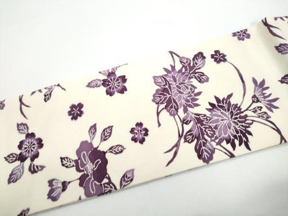 平和屋着物●塩瀬　全通柄　九寸名古屋帯　型染め　草花文　正絹　逸品　CABN8013hy
