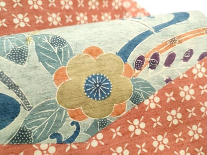 平和屋着物●九寸名古屋帯　紬地　型染め　草花文　正絹　逸品　CABN8018hy
