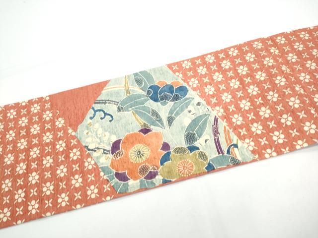 平和屋着物●九寸名古屋帯　紬地　型染め　草花文　正絹　逸品　CABN8018hy