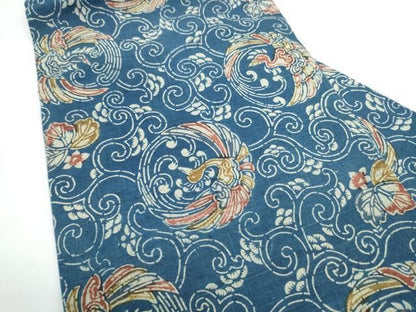 平和屋着物●全通柄　九寸名古屋帯　紬地　型染め　鳳凰唐草文　正絹　逸品　CABN8019hy