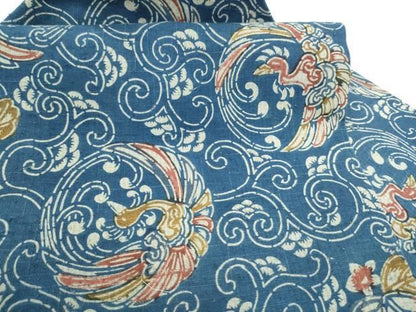 平和屋着物●全通柄　九寸名古屋帯　紬地　型染め　鳳凰唐草文　正絹　逸品　CABN8019hy