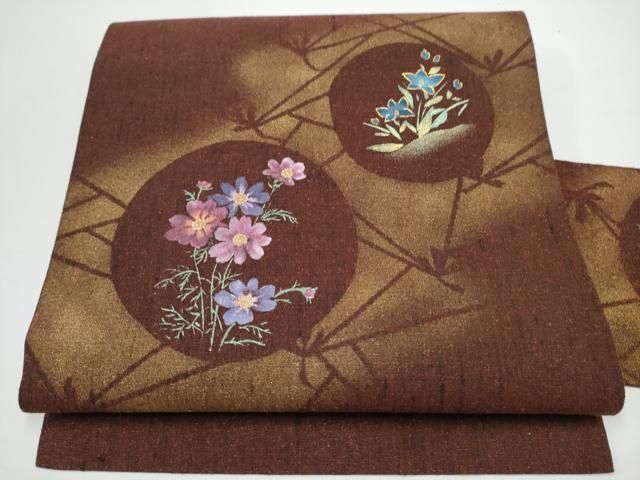 平和屋着物●九寸名古屋帯　紬地　草花丸文　金彩　正絹　逸品　CABN8024hy