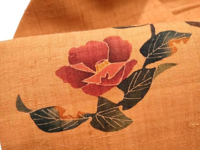 平和屋着物●九寸名古屋帯　作家物　紬地　型染め　いろは歌　枝椿　正絹　逸品　CABN8028hy