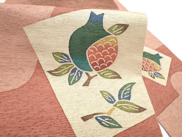 平和屋着物●九寸名古屋帯　紬地　型染め　色紙重ね枝花文　正絹　逸品　CABN8035hy