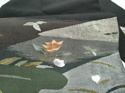 平和屋着物●九寸名古屋帯　すくい織　草花文　黒地　正絹　逸品　CABN8046hy