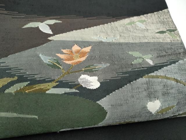 平和屋着物●九寸名古屋帯　すくい織　草花文　黒地　正絹　逸品　CABN8046hy