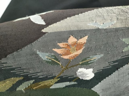 平和屋着物●九寸名古屋帯　すくい織　草花文　黒地　正絹　逸品　CABN8046hy