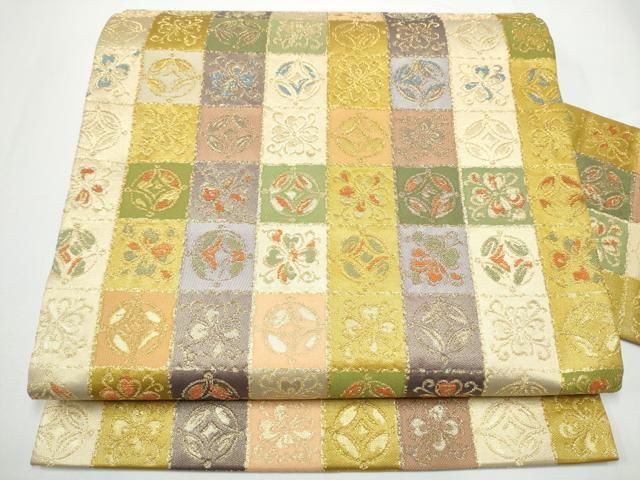 平和屋着物●西陣　川島織物　九寸名古屋帯　市松花文　金糸　正絹　逸品　CABN8058hy
