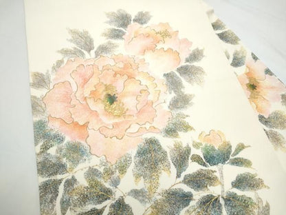 平和屋着物●塩瀬　九寸名古屋帯　作家物　枝牡丹　金彩　正絹　逸品　CABN8060hy