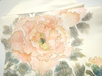 平和屋着物●塩瀬　九寸名古屋帯　作家物　枝牡丹　金彩　正絹　逸品　CABN8060hy