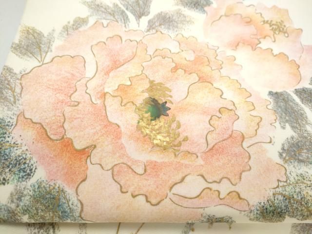 平和屋着物●塩瀬　九寸名古屋帯　作家物　枝牡丹　金彩　正絹　逸品　CABN8060hy