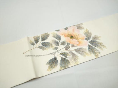 平和屋着物●塩瀬　九寸名古屋帯　作家物　枝牡丹　金彩　正絹　逸品　CABN8060hy