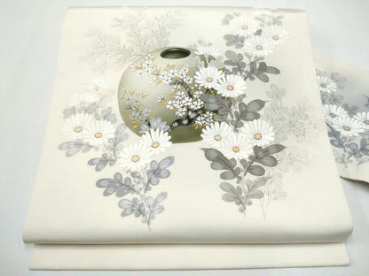 平和屋着物●塩瀬　九寸名古屋帯　手描き　陶器花文　金彩　正絹　逸品　CABN8062hy