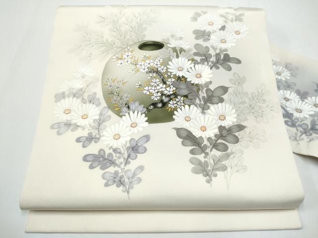 平和屋着物●塩瀬　九寸名古屋帯　手描き　陶器花文　金彩　正絹　逸品　CABN8062hy