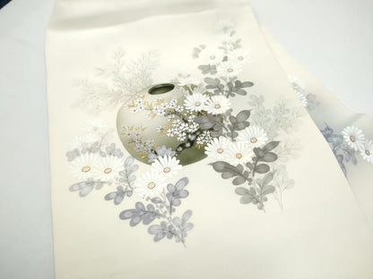 平和屋着物●塩瀬　九寸名古屋帯　手描き　陶器花文　金彩　正絹　逸品　CABN8062hy