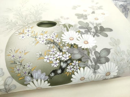 平和屋着物●塩瀬　九寸名古屋帯　手描き　陶器花文　金彩　正絹　逸品　CABN8062hy