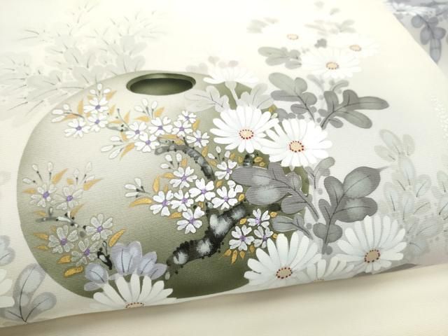 平和屋着物●塩瀬　九寸名古屋帯　手描き　陶器花文　金彩　正絹　逸品　CABN8062hy