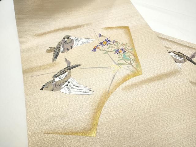 平和屋着物●九寸名古屋帯　手描き　花鳥文　金糸　正絹　逸品　CABN8065hy