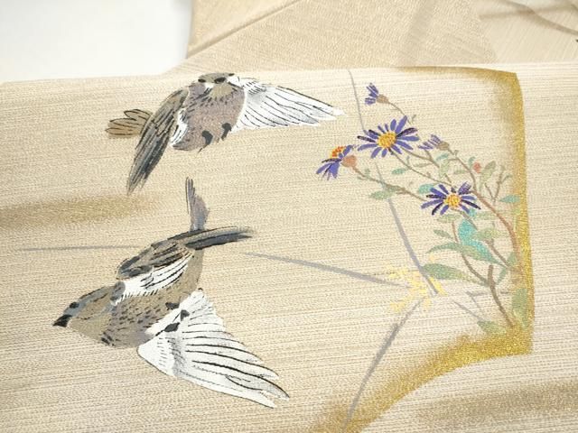 平和屋着物●九寸名古屋帯　手描き　花鳥文　金糸　正絹　逸品　CABN8065hy
