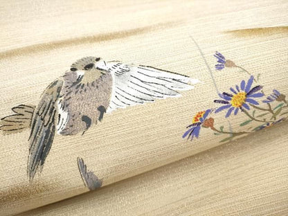 平和屋着物●九寸名古屋帯　手描き　花鳥文　金糸　正絹　逸品　CABN8065hy
