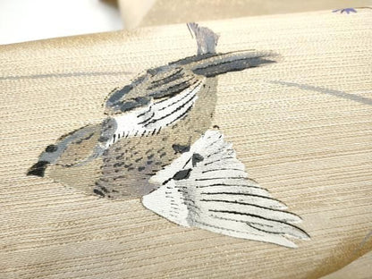 平和屋着物●九寸名古屋帯　手描き　花鳥文　金糸　正絹　逸品　CABN8065hy