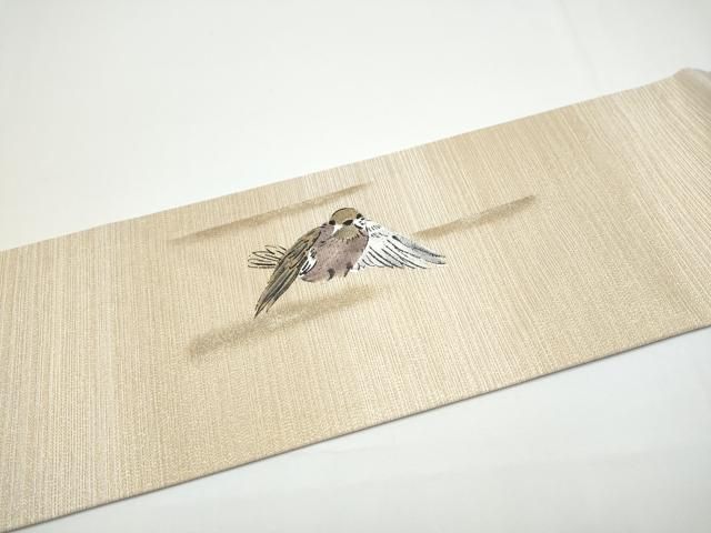 平和屋着物●九寸名古屋帯　手描き　花鳥文　金糸　正絹　逸品　CABN8065hy