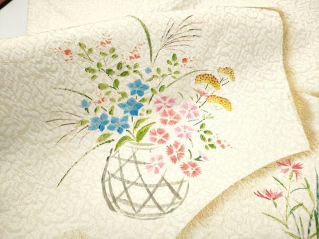 平和屋着物●九寸名古屋帯　地紙花籠文　金彩　金通し地　正絹　逸品　CABN8068hy