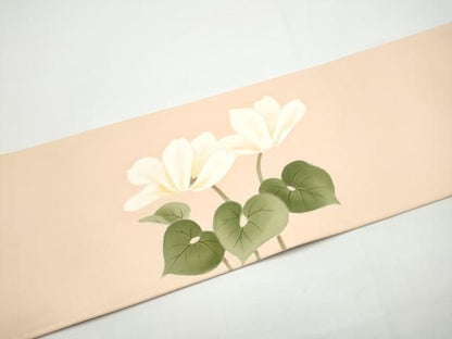 平和屋着物●塩瀬　九寸名古屋帯　ろうけつ染　枝花文　正絹　逸品　CABN8071hy