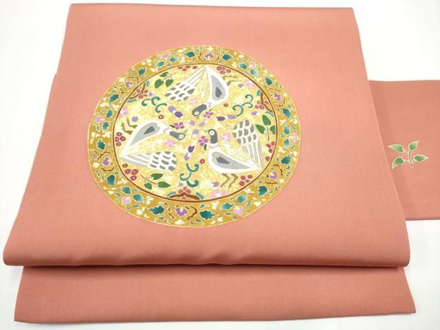 平和屋着物●塩瀬　九寸名古屋帯　絵皿花鳥文　金彩　正絹　逸品　CABN8072hy