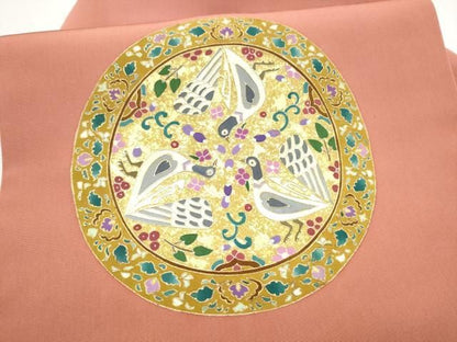 平和屋着物●塩瀬　九寸名古屋帯　絵皿花鳥文　金彩　正絹　逸品　CABN8072hy
