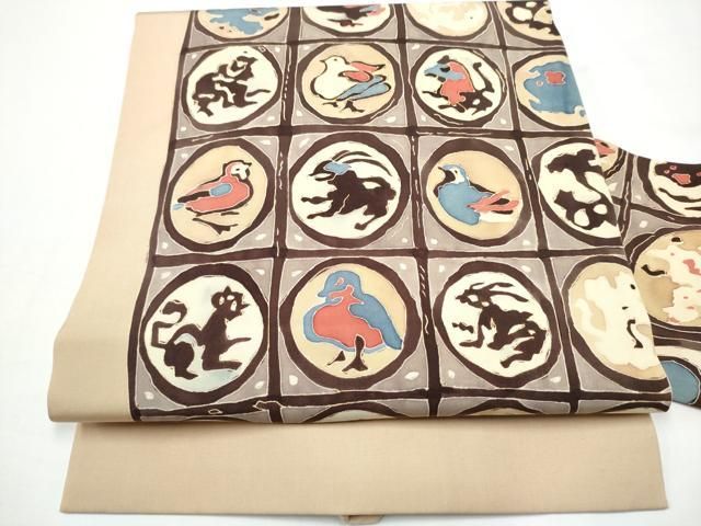 平和屋着物●塩瀬　九寸名古屋帯　ろうけつ染　動物丸文　正絹　逸品　CABN8075hy