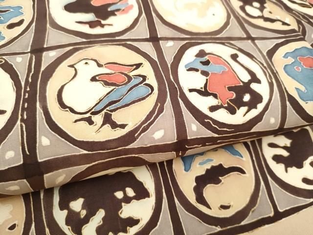 平和屋着物●塩瀬　九寸名古屋帯　ろうけつ染　動物丸文　正絹　逸品　CABN8075hy