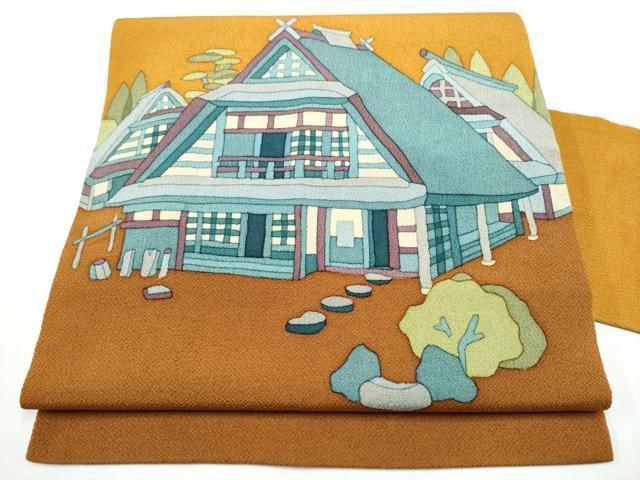平和屋着物●九寸名古屋帯　ろうけつ染　風景文　鬼しぼ縮緬　正絹　逸品　CABN8076hy