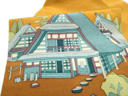 平和屋着物●九寸名古屋帯　ろうけつ染　風景文　鬼しぼ縮緬　正絹　逸品　CABN8076hy
