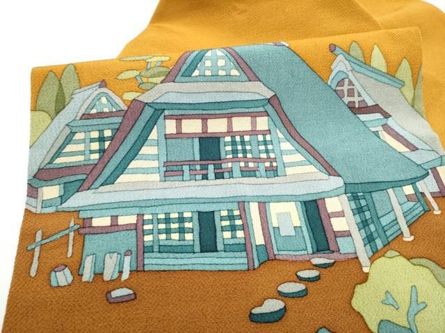 平和屋着物●九寸名古屋帯　ろうけつ染　風景文　鬼しぼ縮緬　正絹　逸品　CABN8076hy