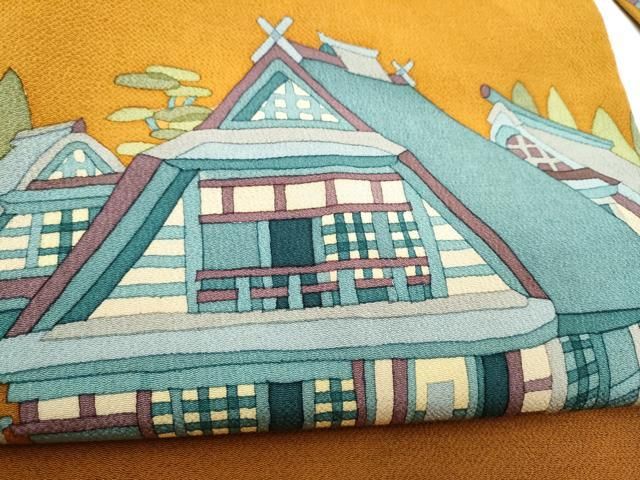 平和屋着物●九寸名古屋帯　ろうけつ染　風景文　鬼しぼ縮緬　正絹　逸品　CABN8076hy