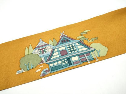 平和屋着物●九寸名古屋帯　ろうけつ染　風景文　鬼しぼ縮緬　正絹　逸品　CABN8076hy