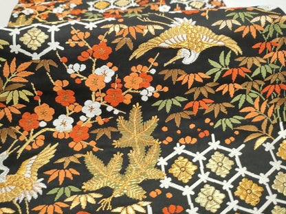 平和屋着物●西陣　河合美術織物謹製　六通柄袋帯　唐織　飛鶴松竹梅　黒地　金銀糸　正絹　逸品　CABN8110hy