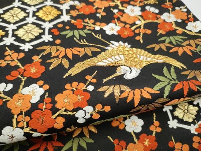 平和屋着物●西陣　河合美術織物謹製　六通柄袋帯　唐織　飛鶴松竹梅　黒地　金銀糸　正絹　逸品　CABN8110hy