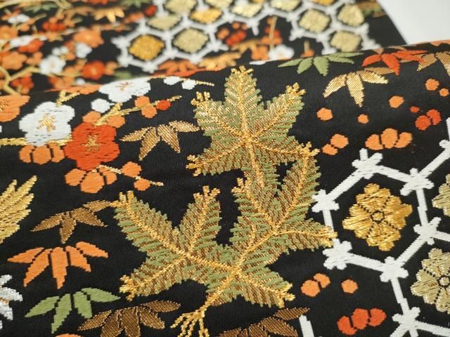 平和屋着物●西陣　河合美術織物謹製　六通柄袋帯　唐織　飛鶴松竹梅　黒地　金銀糸　正絹　逸品　CABN8110hy