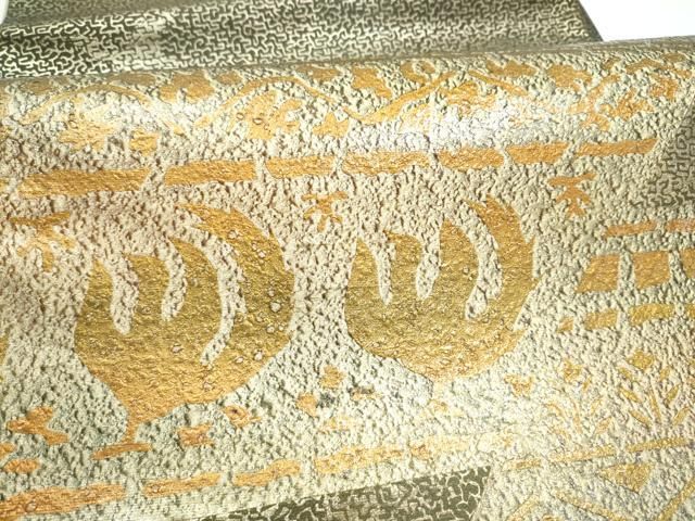 平和屋着物●石川県指定無形文化財　牛首紬　白山工房　手織り　太鼓柄袋帯　花鳥文　金彩　正絹　逸品　未使用　CABN8141hy