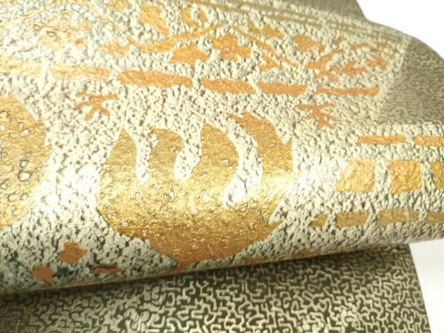 平和屋着物●石川県指定無形文化財　牛首紬　白山工房　手織り　太鼓柄袋帯　花鳥文　金彩　正絹　逸品　未使用　CABN8141hy