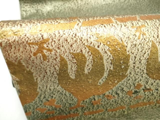平和屋着物●石川県指定無形文化財　牛首紬　白山工房　手織り　太鼓柄袋帯　花鳥文　金彩　正絹　逸品　未使用　CABN8141hy